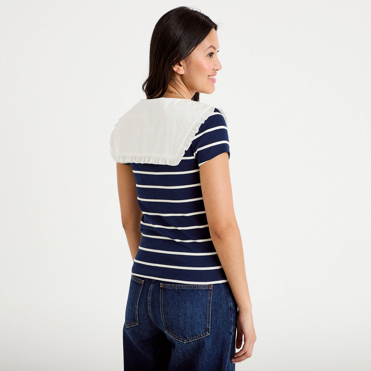 T-shirt col marin &agrave; volants ecru femme