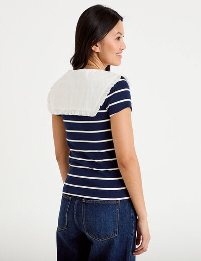 T-shirt col marin &agrave; volants ecru femme