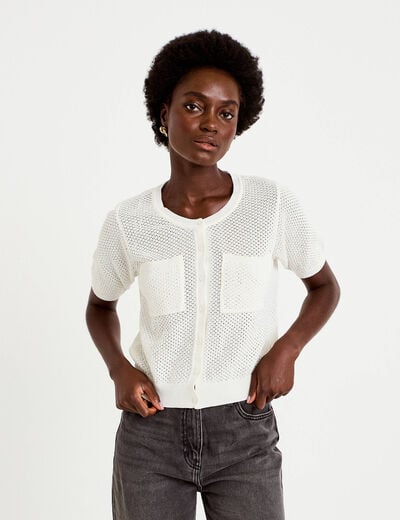 Gilet ajour&eacute; col rond manches courtes ecru femme