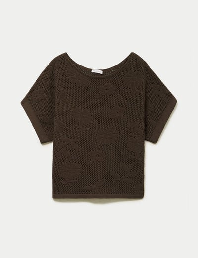 Pull ajour&eacute; col bateau manches courtes marron fonc&eacute; femme