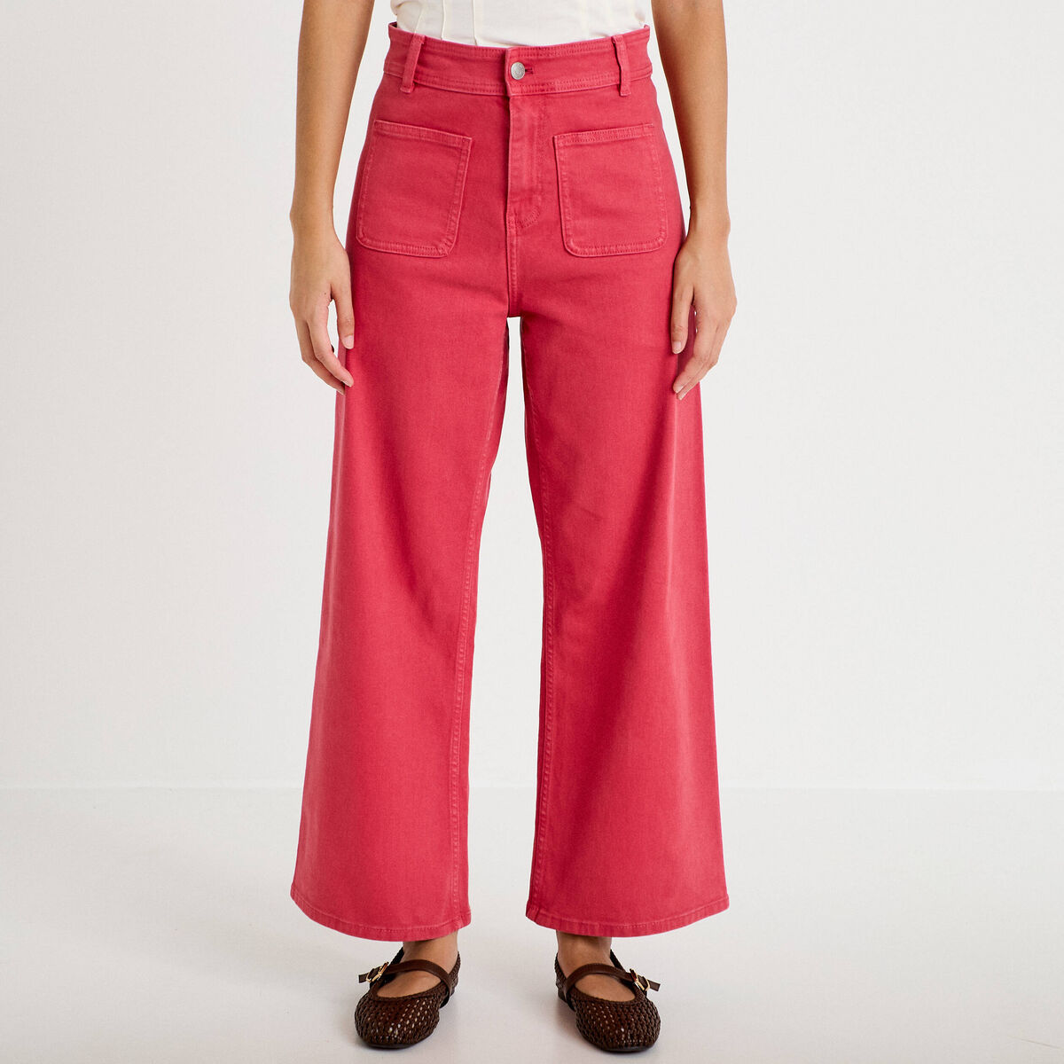 Jean bootcut cropped taille haute rose framboise femme