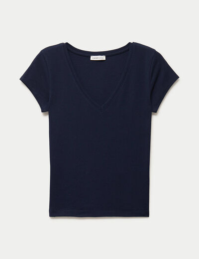 T-shirt ajust&eacute; col v manches courtes bleu marine femme