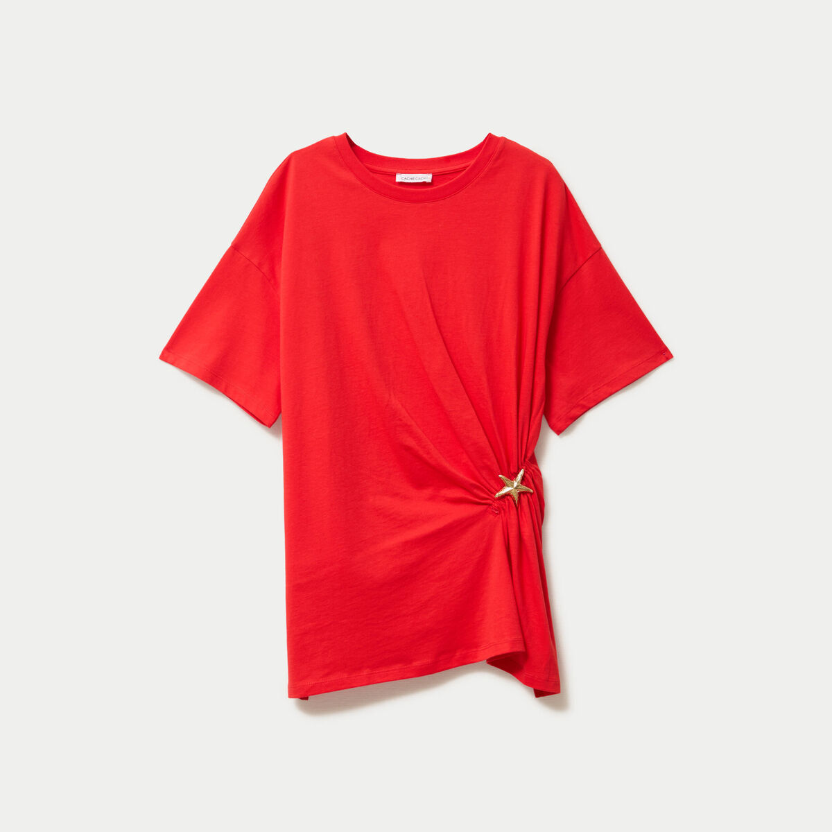 T-shirt &agrave; fronces avec bijou rouge femme