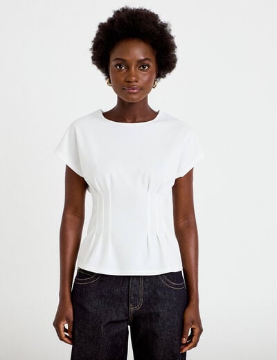 Top ajust&eacute; col rond manches courtes ecru femme
