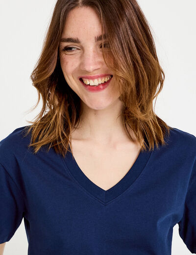 T-shirt col v manches courtes bleu fonc&eacute; femme