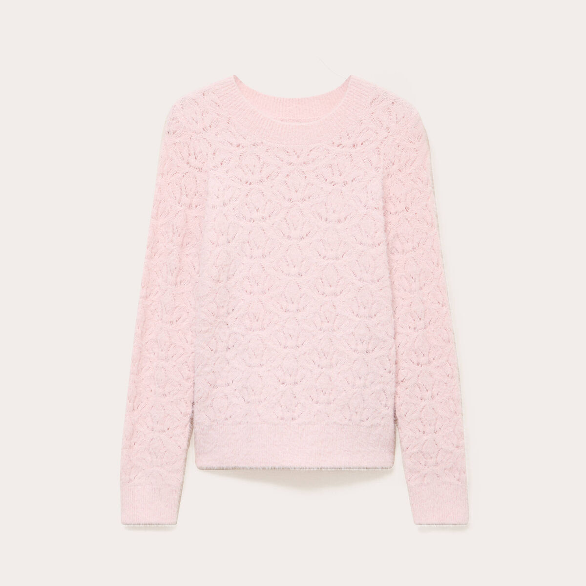 Pull ajour&eacute; col rond manches longues rose pastel femme