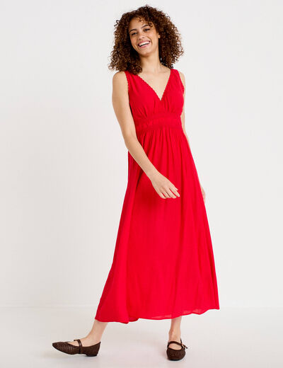 Robe longue &eacute;vas&eacute;e col v sans manches rouge femme