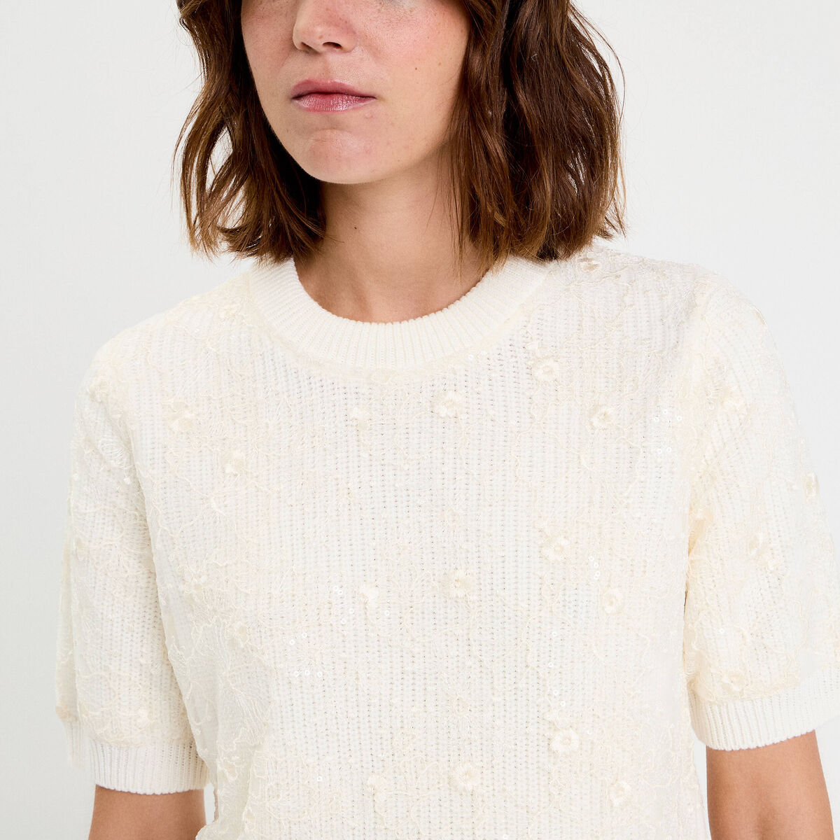 Pull dentelle manches courtes ecru femme