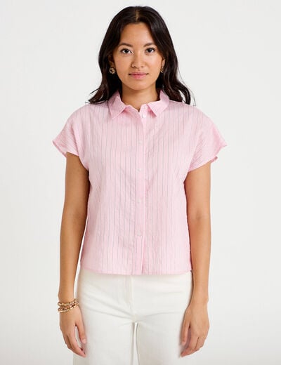 Chemise ample pliss&eacute;e manches courtes rose femme