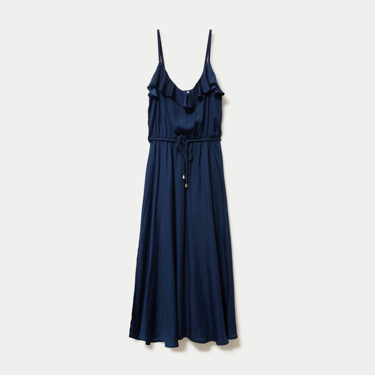 Robe longue &eacute;vas&eacute;e col v bretelles bleu marine femme