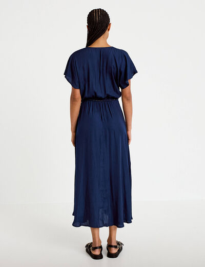 Robe longue &eacute;vas&eacute;e col v satin&eacute;e bleu marine femme
