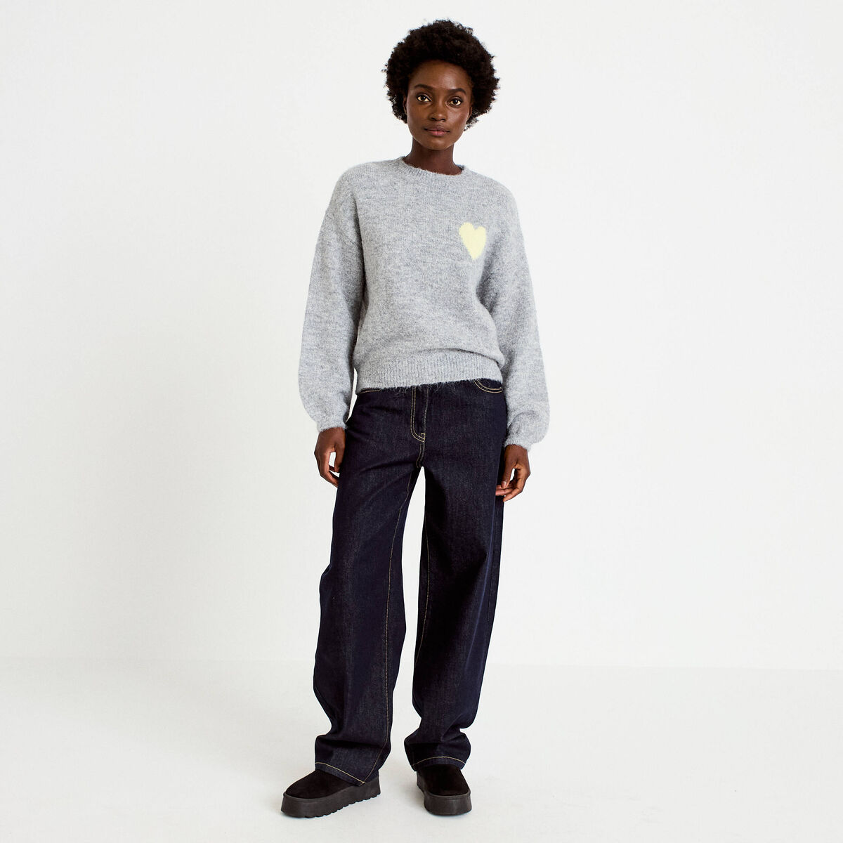 Pull oversize col rond manches longues gris clair femme