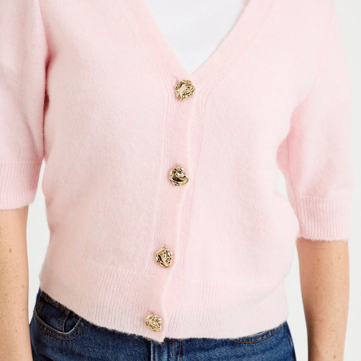 Gilet duveteux col v manches longues rose clair femme