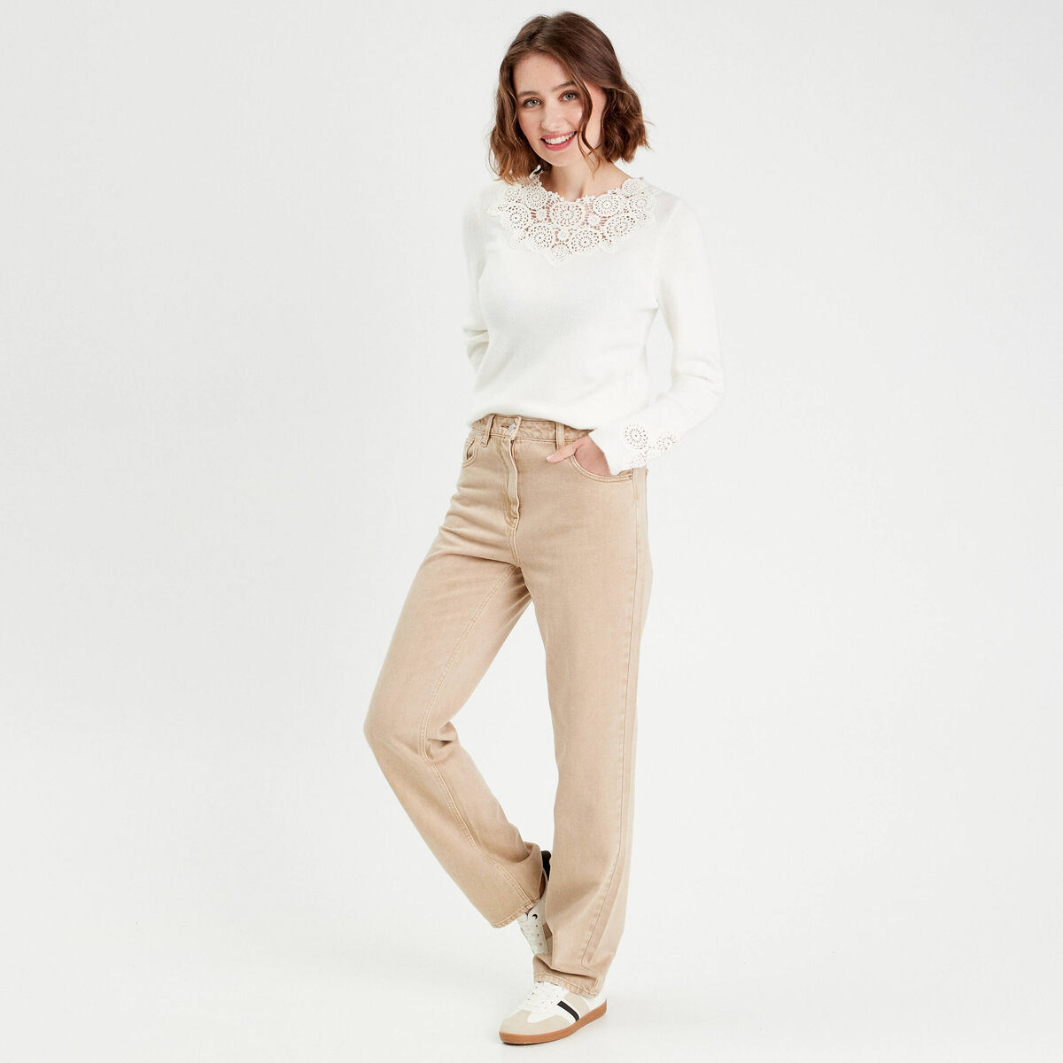 Jean droit taille haute sable femme