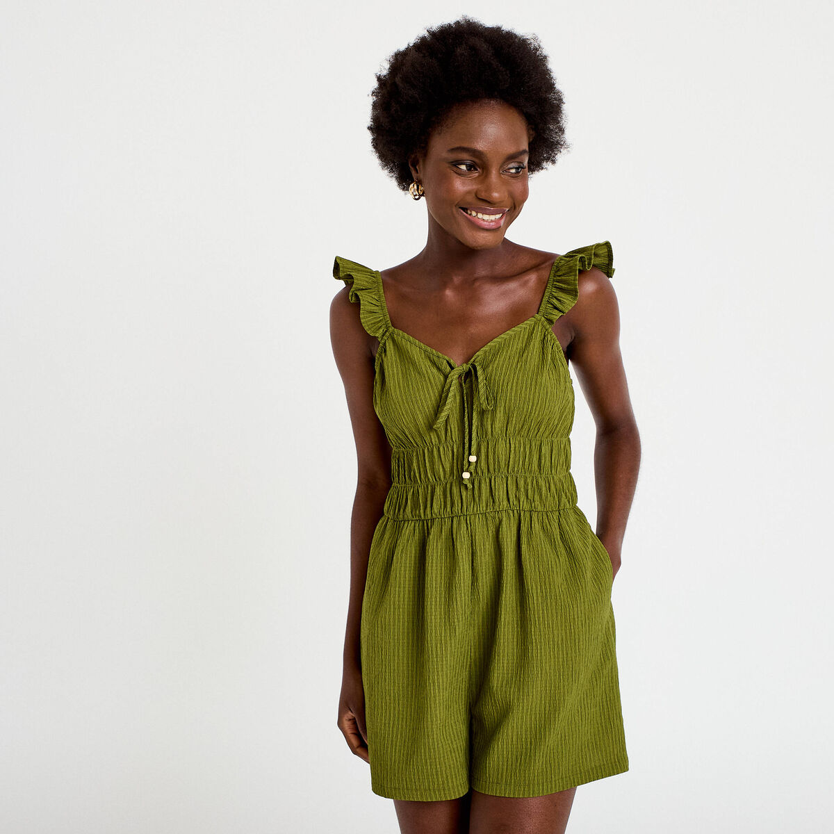 Combishort coupe flare vert kaki femme