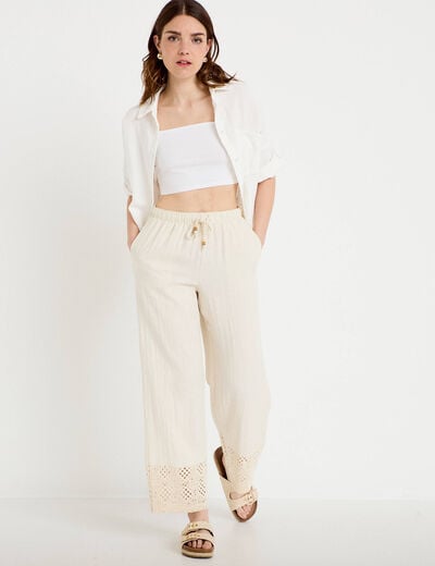 Pantalon large bi-mati&egrave;re pliss&eacute; ecru femme