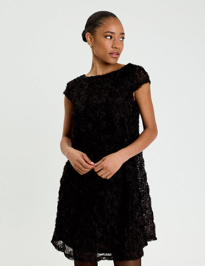 Robe droite motif floral en relief noir femme