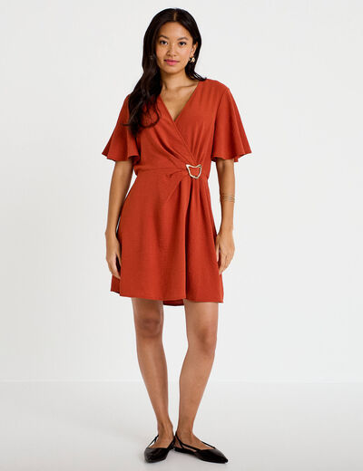 Robe courte &eacute;vas&eacute;e col v manches courtes orange fonc&eacute; femme
