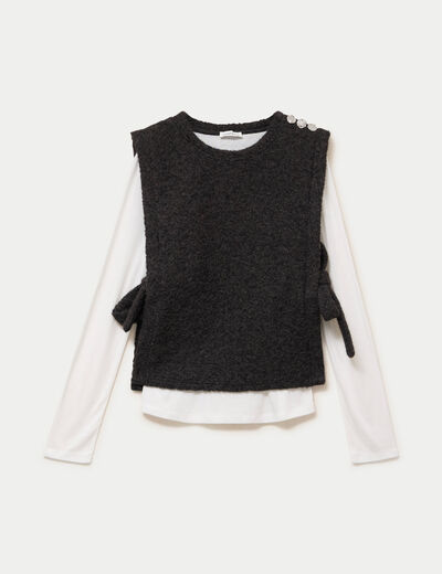 T-shirt 2-en-1 col rond manches longues gris fonc&eacute; femme