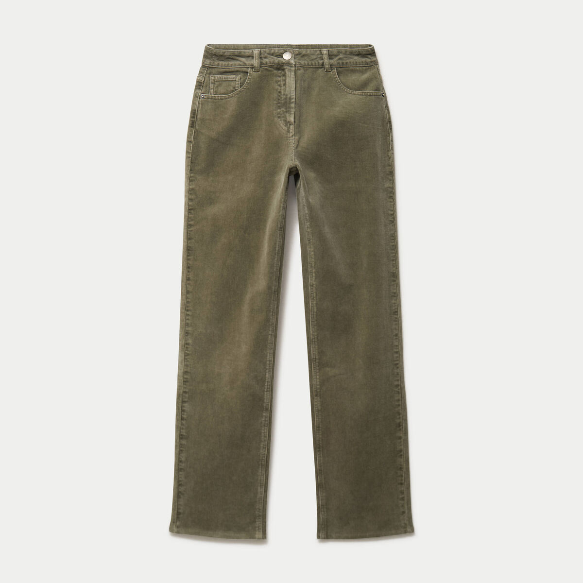 Pantalon droit en velours vert kaki femme