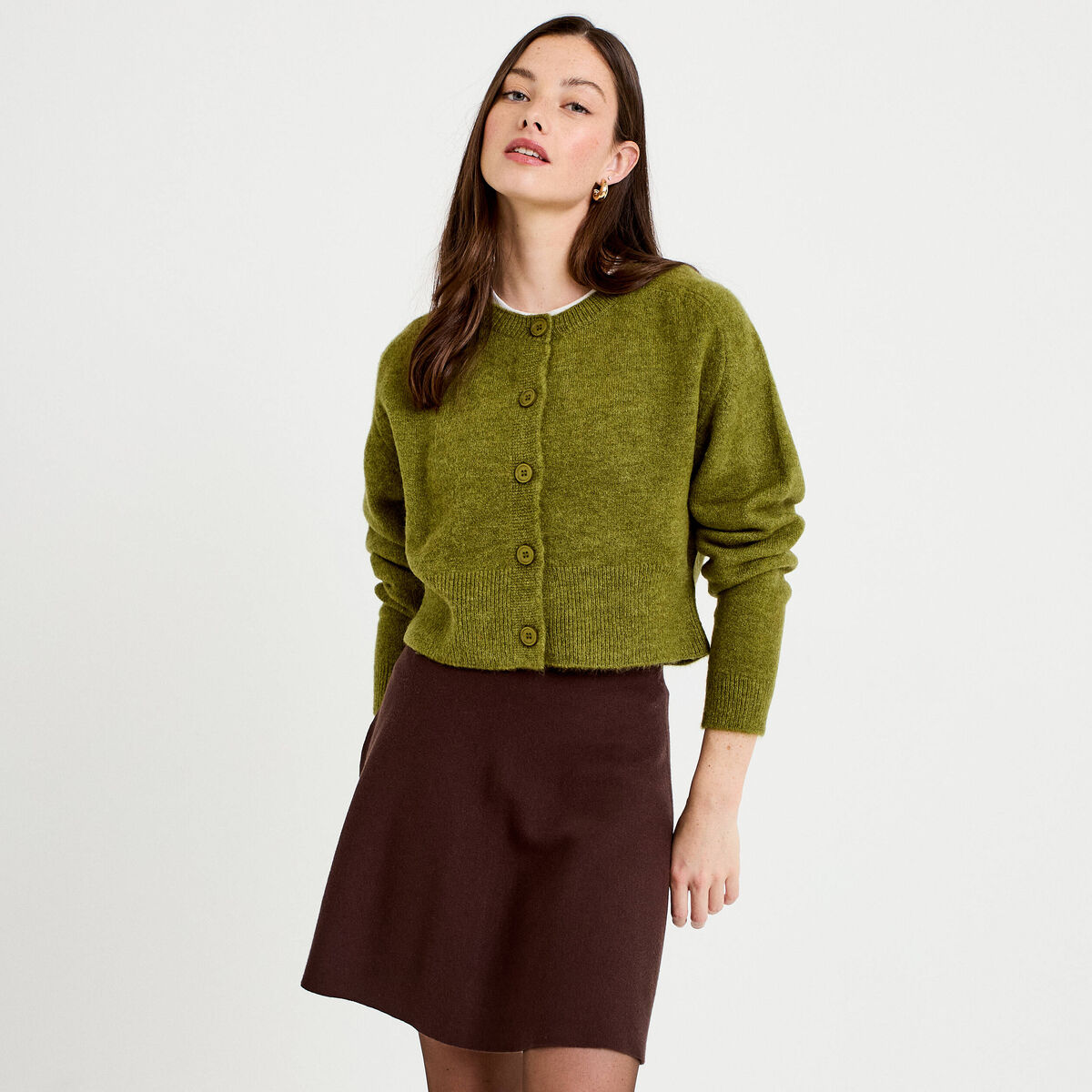 Gilet col rond vert fonc&eacute; femme