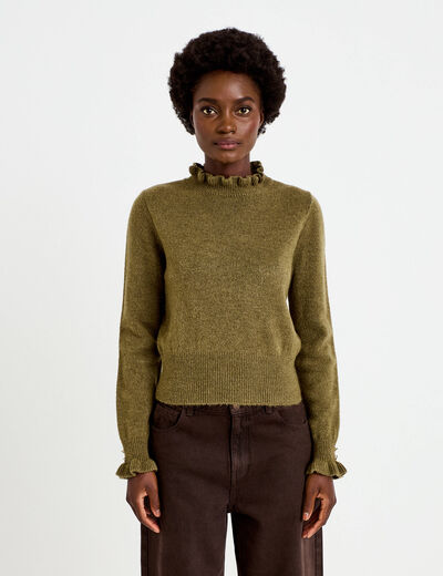 Pull ajust&eacute; col montant manches longues vert kaki femme