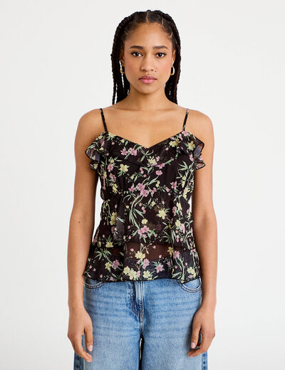 Top fines bretelles voile col v noir femme