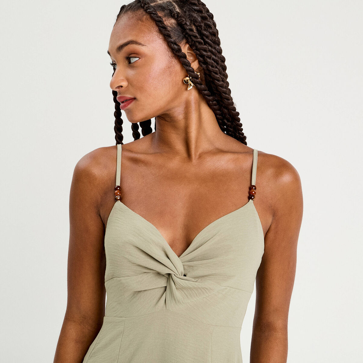 Robe longue &eacute;vas&eacute;e fendue vert kaki femme