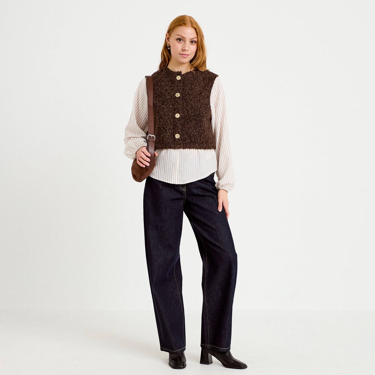 Pull chemise 2-en-1 marron fonc&eacute; femme
