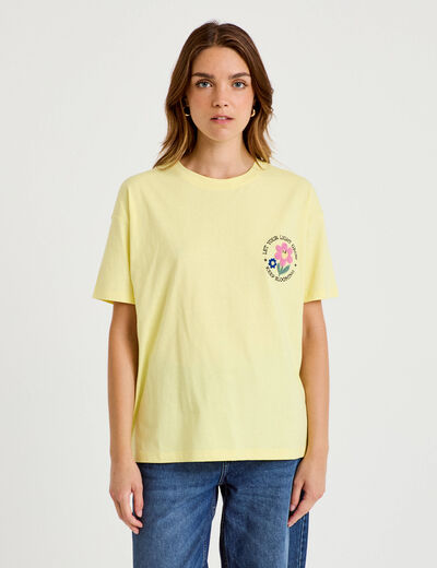 T-shirt bouclettes manches courtes jaune pastel femme