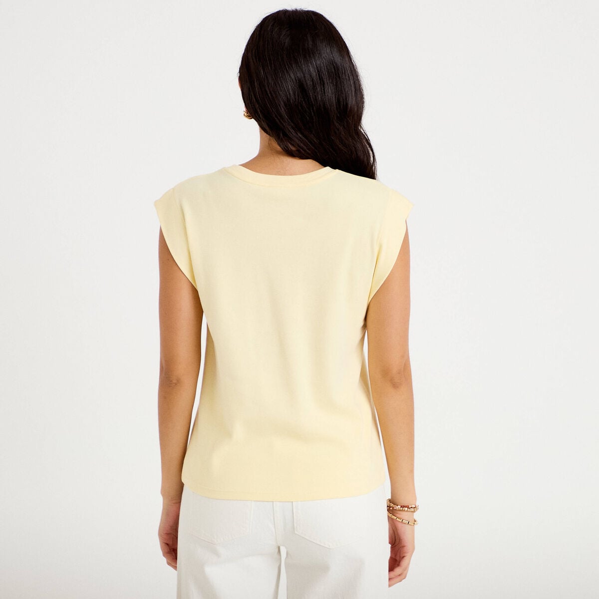 D&eacute;bardeur col rond jaune pastel femme