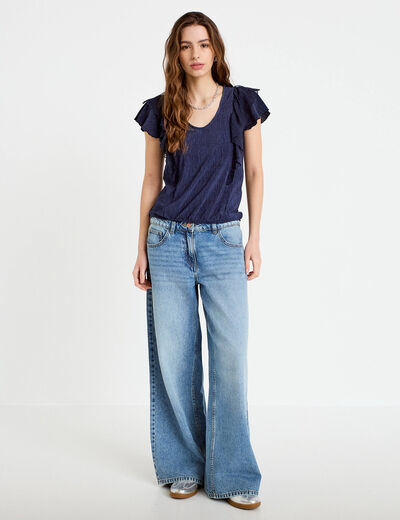 Blouse col v manches courtes dentelle bleu marine femme