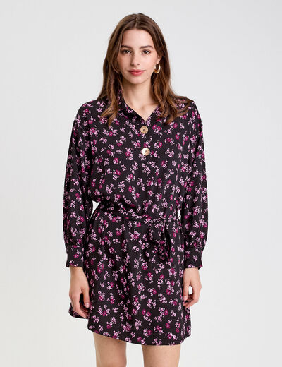Robe courte droite col chemise noir femme