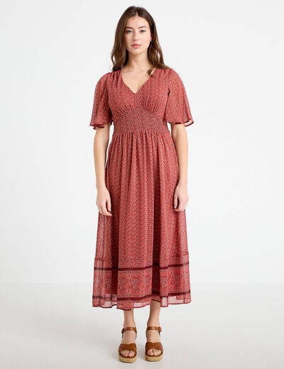Robe longue &eacute;vas&eacute;e col v voile rouge femme
