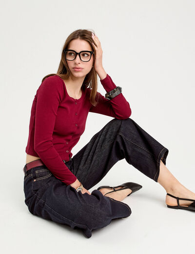 Gilet manches longues c&ocirc;tel&eacute; rouge fonc&eacute; femme
