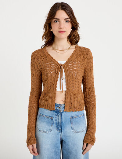 Gilet ajour&eacute; cintr&eacute; manches longues beige femme