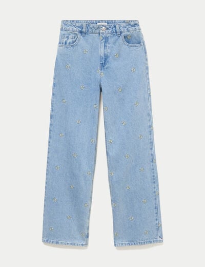 Jean wide leg taille haute brod&eacute; bleu femme