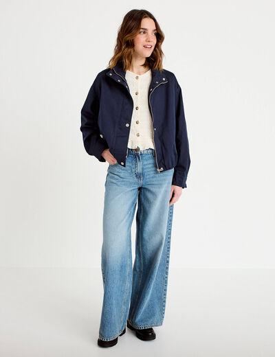 Blouson court bas resserr&eacute; bleu marine femme