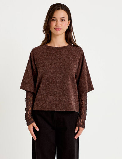 Top bi-mati&egrave;re dentelle col rond marron fonc&eacute; femme