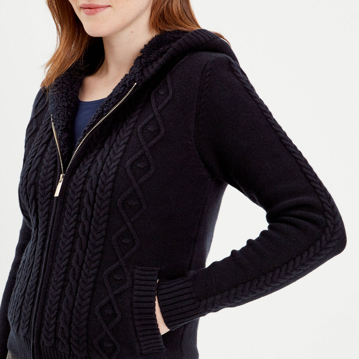 Gilet &agrave; capuche zipp&eacute; bleu marine femme
