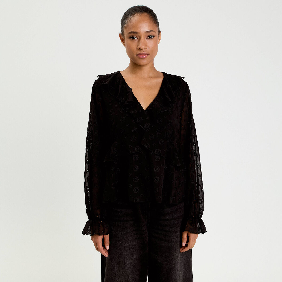 Blouse droite courte manches longues noir femme