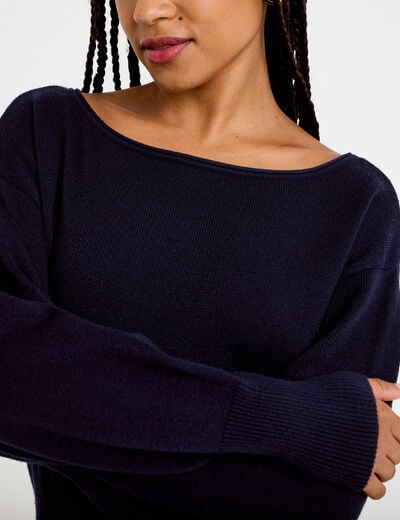 Pull oversize col bateau manches longues bleu marine femme