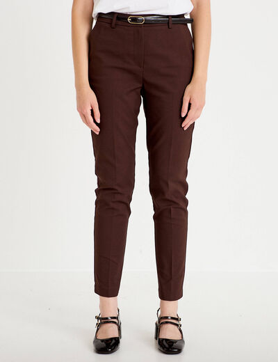 Pantalon cigarette ceintur&eacute; marron fonc&eacute; femme