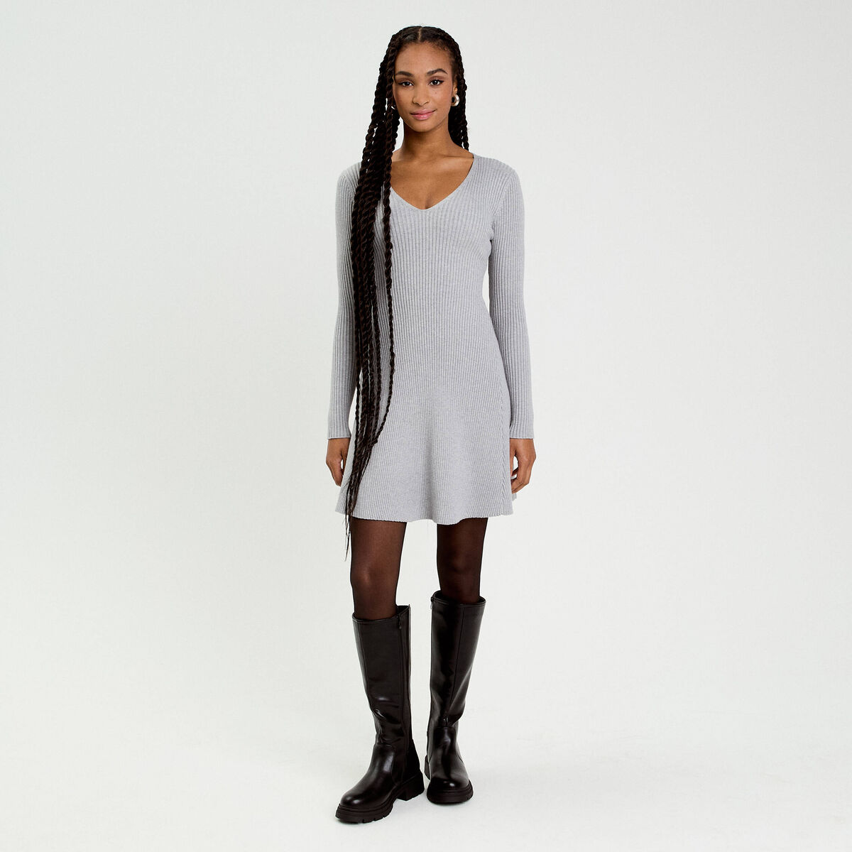 Robe tricot patineuse c&ocirc;tel&eacute;e gris clair femme