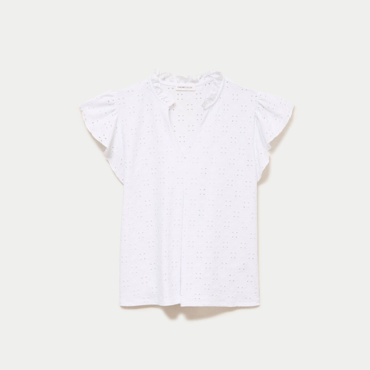 Blouse ajour&eacute;e col v manches courtes ecru femme