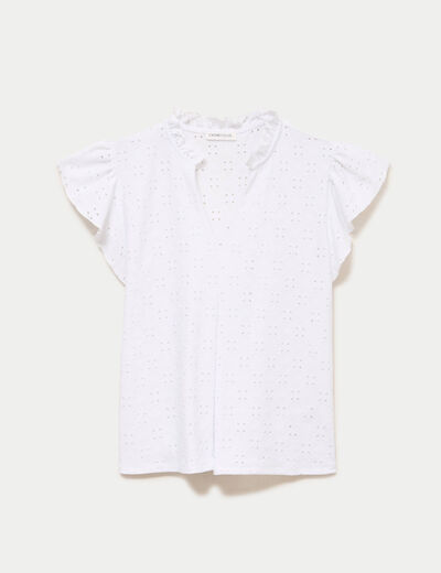Blouse ajour&eacute;e col v manches courtes ecru femme