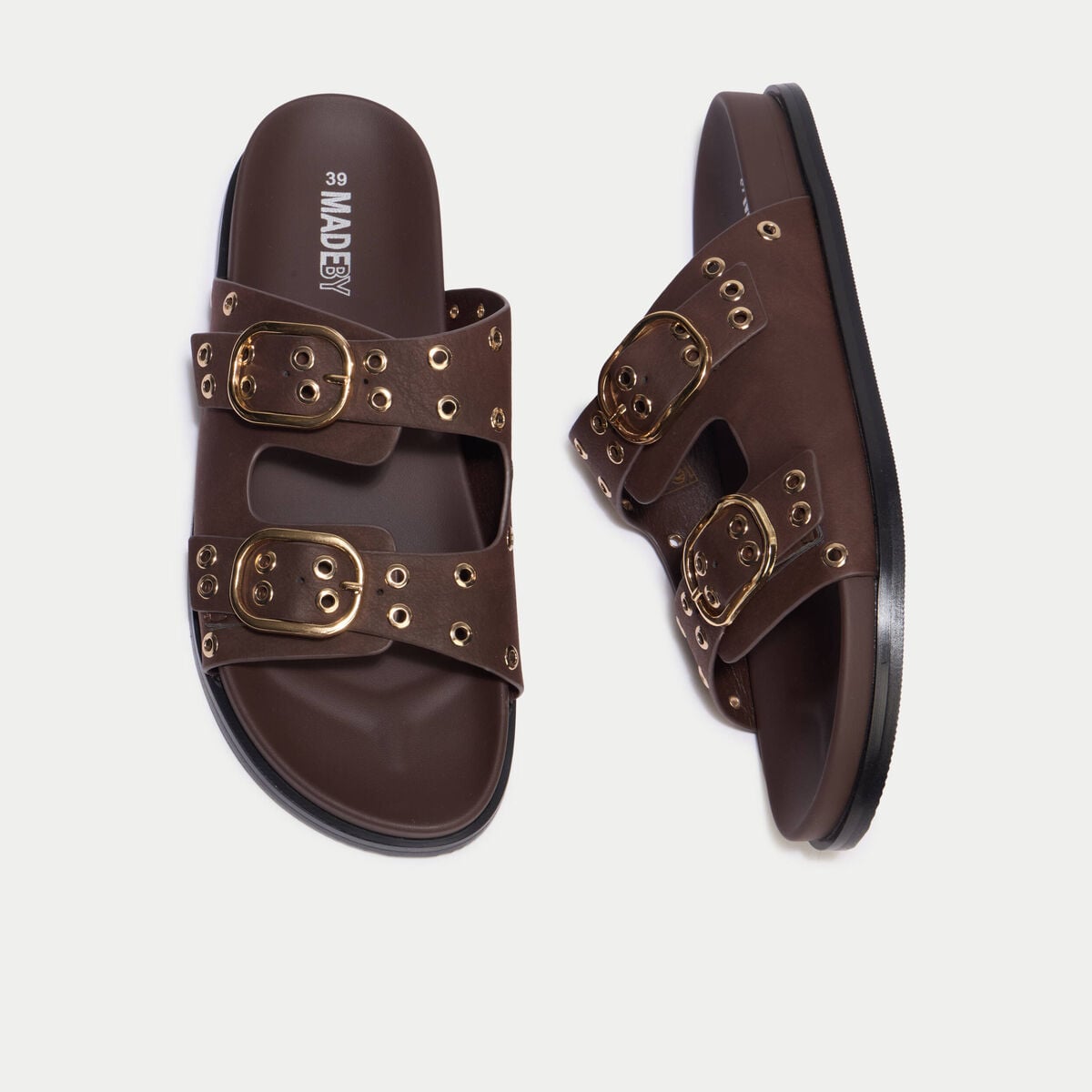 Mules d&eacute;tails clout&eacute;s marron fonc&eacute; femme
