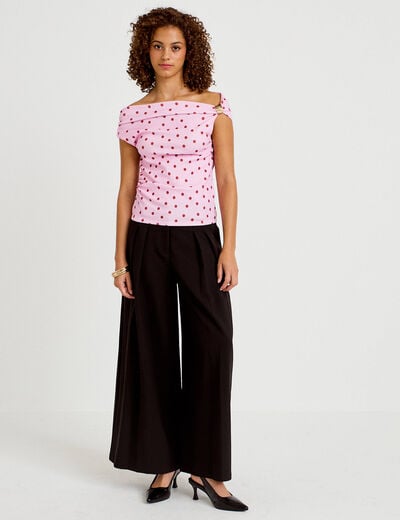 Top pliss&eacute; col bardot sans manches rose clair femme