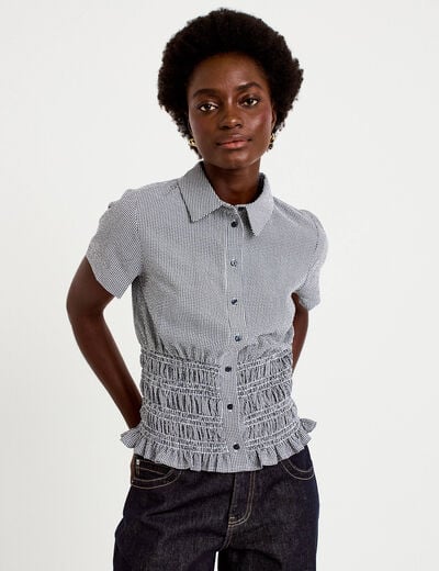 Chemise cintr&eacute;e manches courtes bleu marine femme