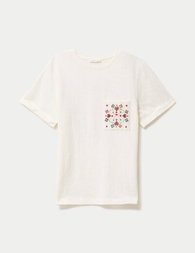 T-shirt col rond manches courtes ecru femme